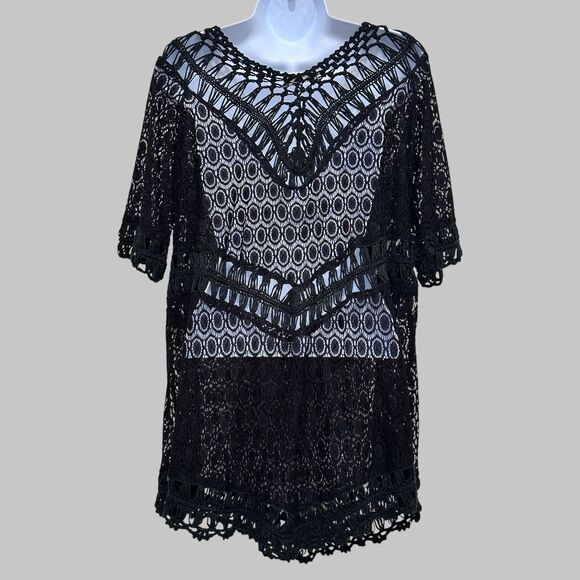 Womens Open Knit Coverup Beach Top Tunic XL Black Festival Goth Witchy Fairy - Picture 4 of 7